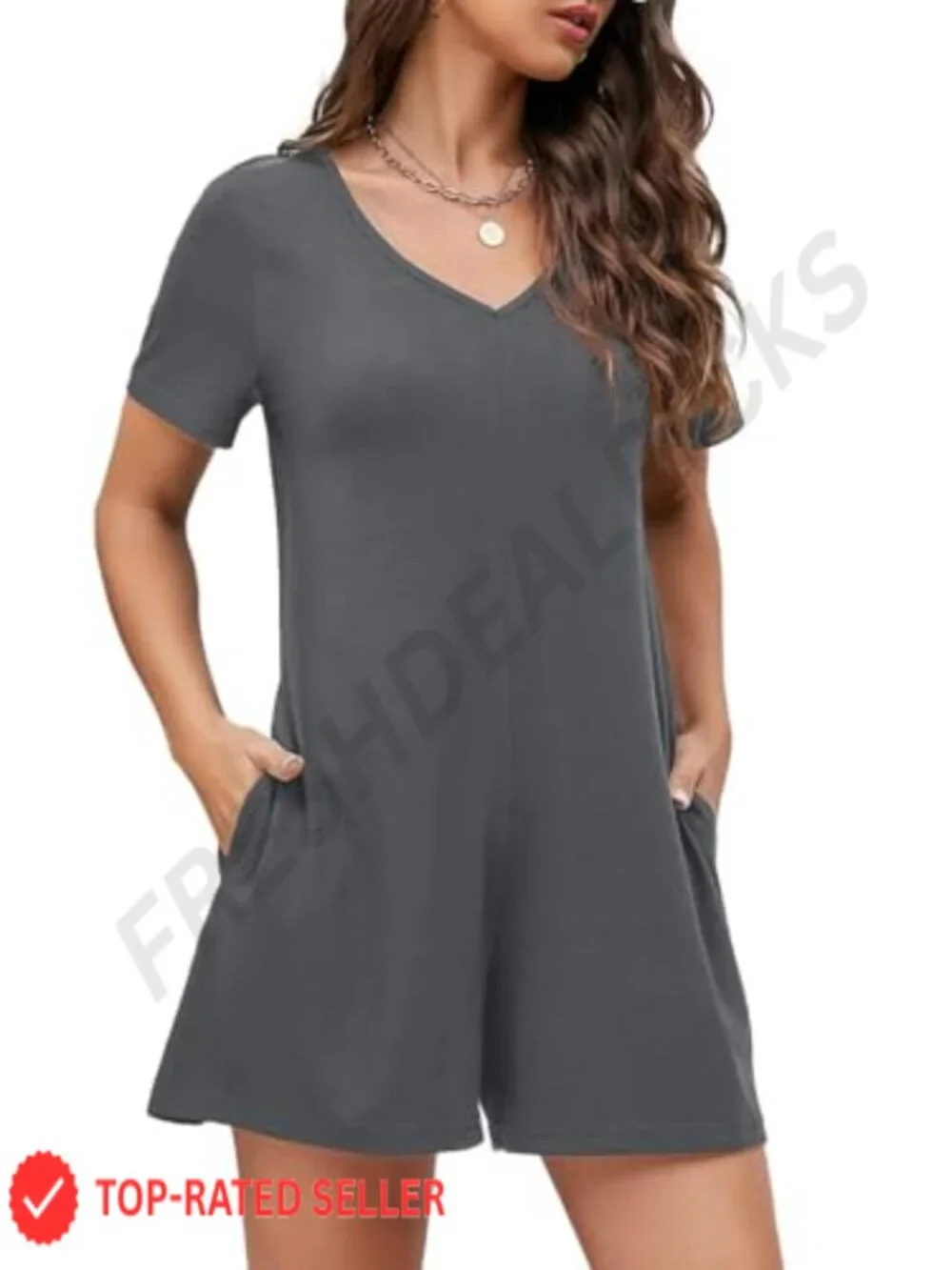 Women's Casual Romper Jumpsuit Short Sleeve V Neck Loose Fit with Pockets